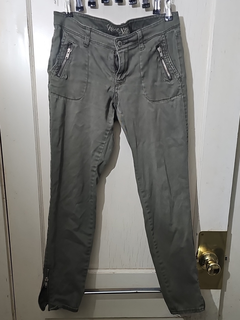 Womens Olive Green Zip-Pocket Chinos